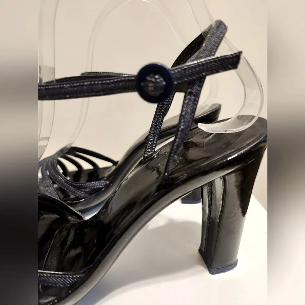 Marc Jacobs Black Patent Leather/Denim Strappy Platform Sandals Sz.7.5/38.5 $495